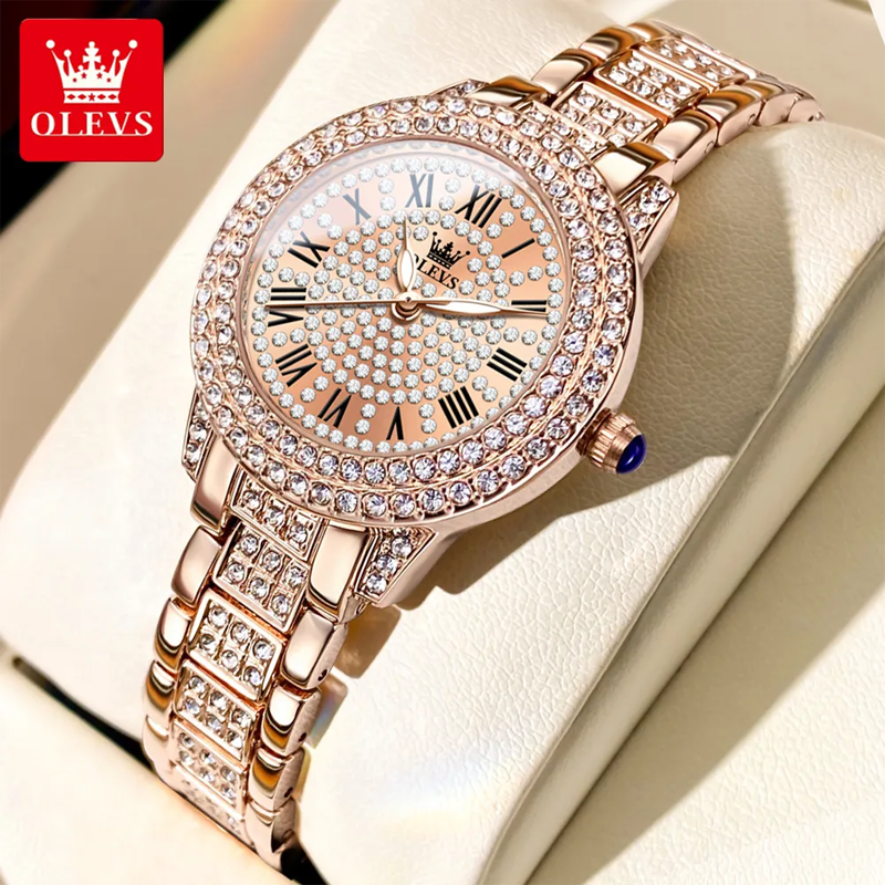 OLEVS Ladies Roman Dial Full Diamond Waterproof Luminous Luxury Wrist Watch